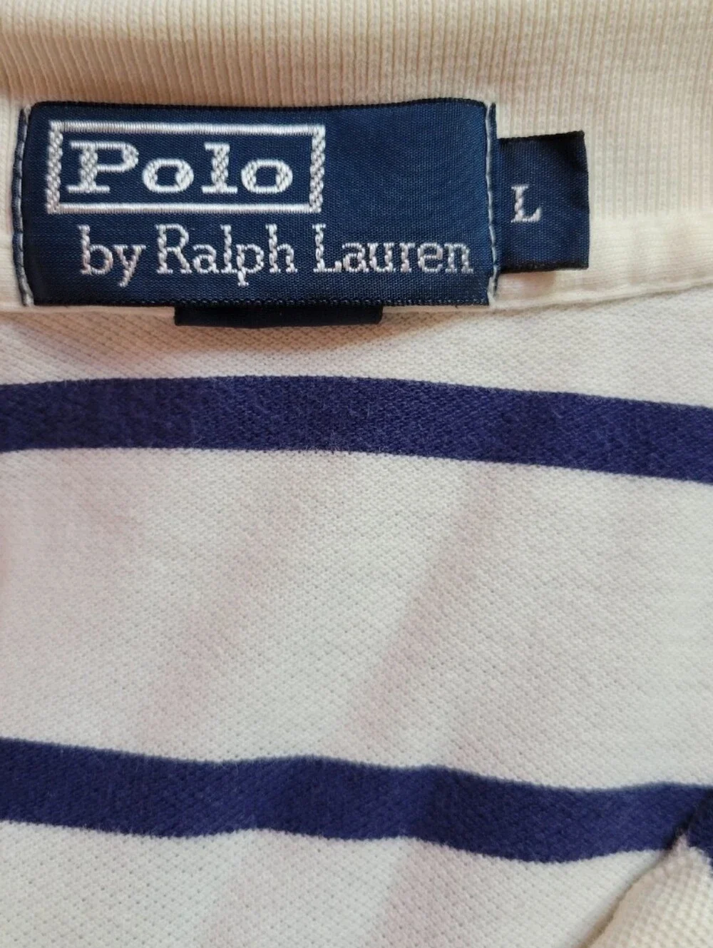 Ralph Lauren White Polo with Navy Stripes Size L